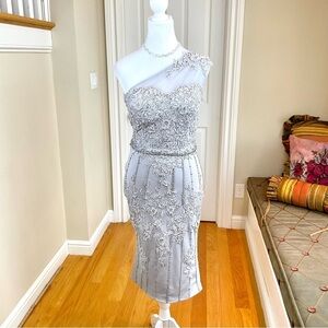One Shoulder Cocktail Dress Beaded Gray Lace Mesh (~S)